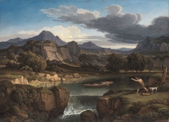 Gewitterlandschaft mit Gebirgssee und Wasserfall by Johann Christian Reinhart