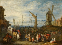 Harbour scene with a Windmill by Joseph van Bredael