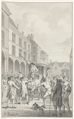 Het tegenhouden van de koets van de heren Gevaarts en De Gijzelaar, gedeputeerden van Dordrecht, op het Binnenhof te Den Haag, 17 maart 1786 by Jacobus Buys