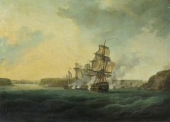 HMS Montagu forcing the enemy to move from Bertheaume Bay, 22 August 1800 by John Jeffrey Rakovec