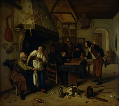 Interior of an inn with an old man amusing himself with the landlady and two men playing backgammon, known as 'Two kinds of games'