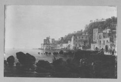 Italienische Küstenlandschaft mit Villen und Staffage (bei Positano, im Hintergrund die Insel Capri) by Josef Rebell