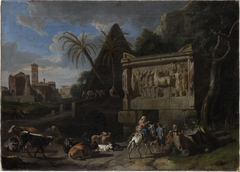 Landscape with Ancient Ruins, a Resting Flock in the Front