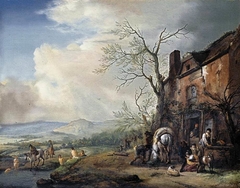 Landscape with peasants by an inn, a pack-horse being fed and bathers by a stream beyond