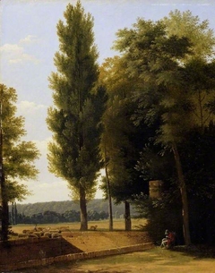 Landscape with sheep and a woman sewing by Jean-Victor Bertin