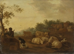 Landscape with sheperd, sheperdess and cattle