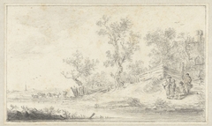 Landschap met een groep van vier personen, links vee by Hendrik Chalon