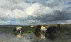 Landschap met koeien aan de waterkant by Willem Roelofs