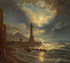 Leuchtturm im Hafen von Neapel bei Mondschein by Josef Rebell