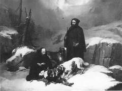 Moins de Saint-Bernard qui offrent de l'aide à une femme et un l'enfant qui sont pris dans la neige par le froid by Joseph Beaume
