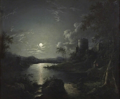 Moonlit River Scene with a Ruined Castle with a Tower and a Cottage by Anonymous