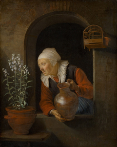Old Woman Watering Flowers