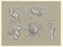 Ontwerpen voor een watermerk van een bankbiljet: Pegasus, duif, vrouwenhoofd, wapen en hand met roos by Leo Gestel