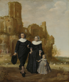Portrait of a couple with their child in a landscape by Herman Doncker