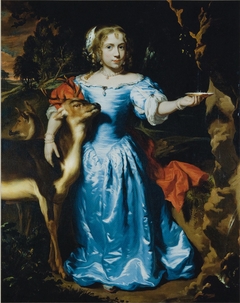 Portrait of a girl as Granida, in a blue silk dress with two deer