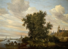 River Landscape with a Ferry, a Yacht and other Vessels, with a View of Gorinchem in the Distance by Salomon van Ruysdael