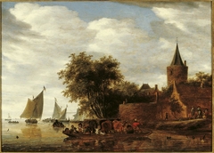 River View with Ferry, Ships and a City Tower by Salomon van Ruysdael