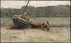 Salt Marsh Landscape with Two Children near a Beached Sailboat and Dory by Dennis Miller Bunker