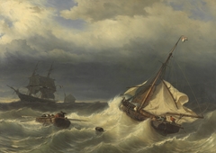 Schepen op zee bij stormachtig weer by Louis Meijer