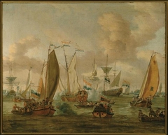 Spiegelgevecht op het IJ te Amsterdam ter ere van het bezoek van Tsaar Peter de Grote op 1 spetember 1697