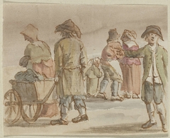 Staande mensen waarvan één met kruiwagen by Unknown Artist