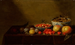 Still life of assorted fruit with two blue-and-white porcelain bowls