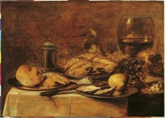 Still life with crab, oysters and roemer, 1645