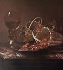 Strawberries and red currants with a roemer on a marble ledge by Adriaen Coorte