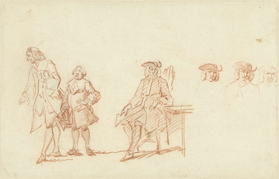 Studieblad met twee staande mannen en een zittende man, wiens hoofd driemaal herhaald is
