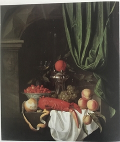Sumptuous Still Life with Lobster, Fruit, Silver Saltcellar, and Wine Glass in a Niche by Johannes Hannot