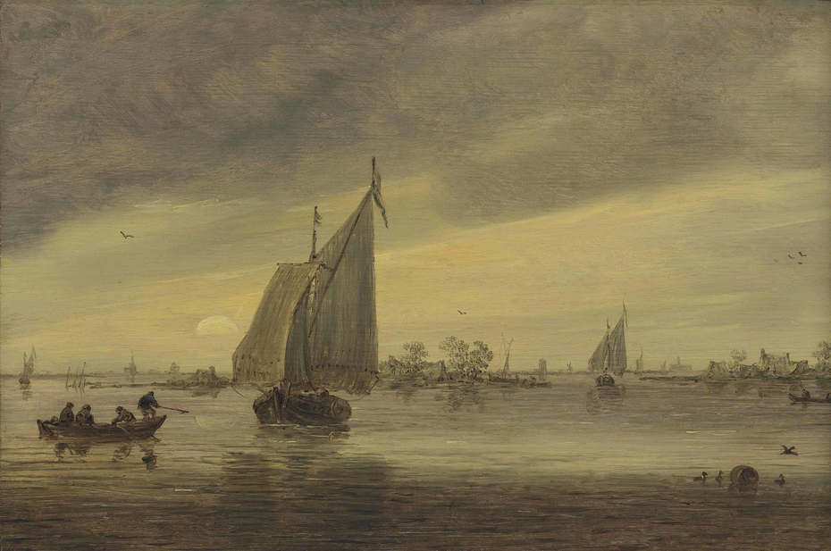 Sunrise over the Haarlemmermeer with a small ship and other boats