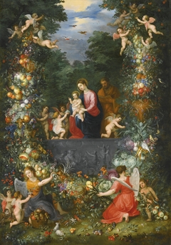 The Holy Family with angels, surrounded with a flower garland in a wooded landscape