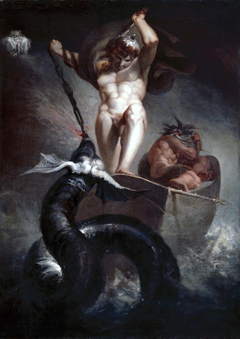 Thor fighting the mighty worm Jormundgandr at fishing trip with a giant by Johann Heinrich Füssli