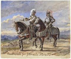 Twee ridders te paard in een landschap by Pieter van Loon