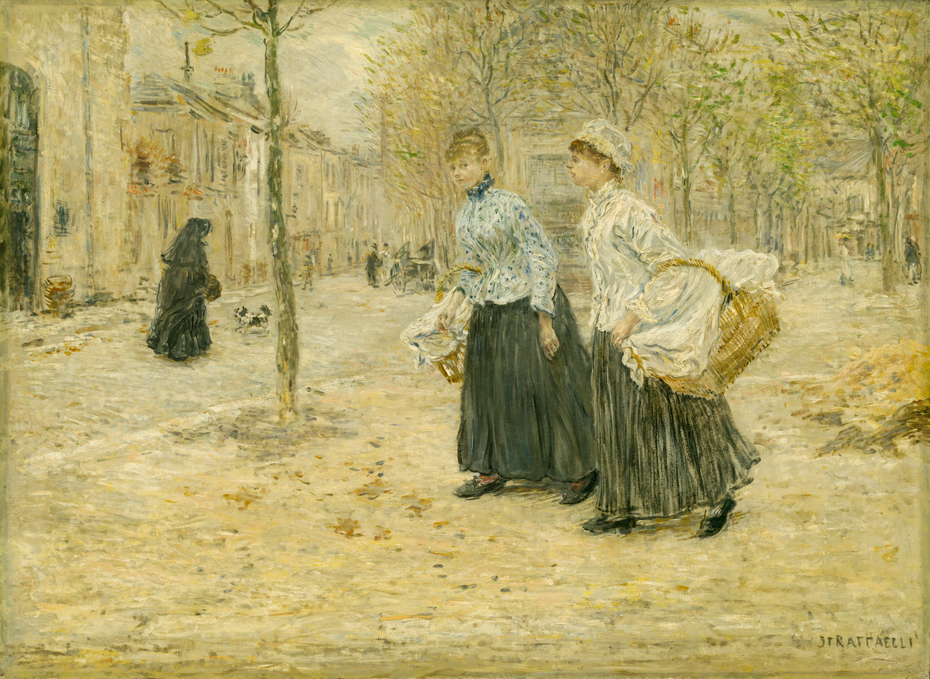 Two Washerwomen Crossing a Small Park in Paris