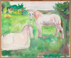 Two White Horses in a Green Meadow by Edvard Munch
