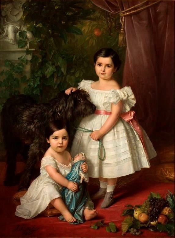 Portrait of Kronenberg sisters (Maria Róża and Róża Maria Karolina) with a dog