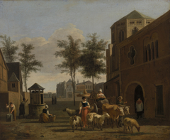 View of a Town with Figures, Goats, and Wagon before a Church