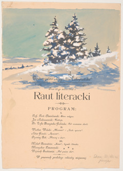 Vignette on the "Literary Raut" program: View of Tatras with spruce trees by Stanisław Ignacy Witkiewicz