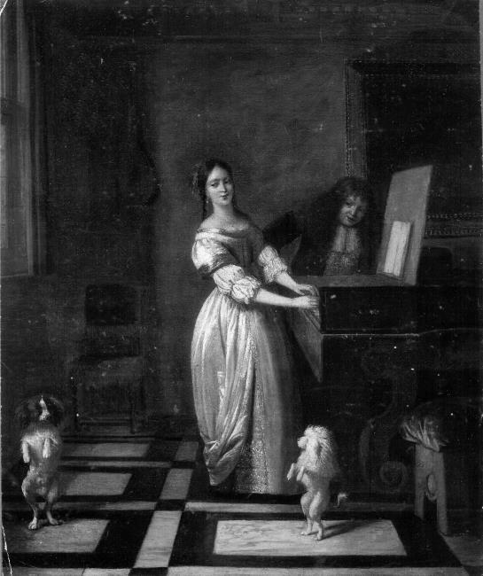 Woman playing the virginal with a man and two dancing dogs