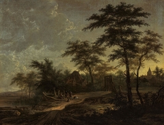 Wooded landscape with travellers on a country road, in the evening by Adriaen Hendriksz Verboom