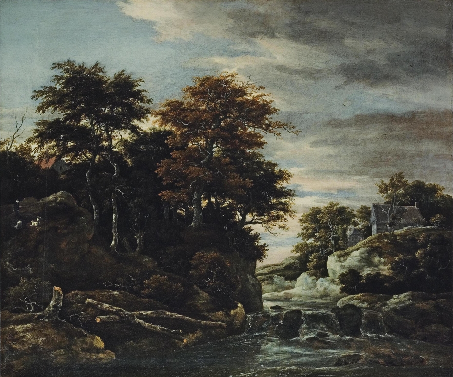 Wooded river landscape with a waterfall, a shepherd with his flock and houses beyond