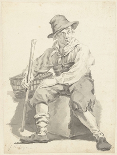 Zittende man met hoed, een stok in de hand en een mand by Jan Hendrik Verheijen