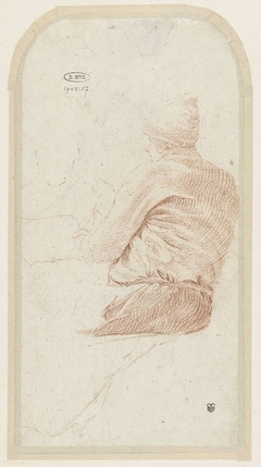 Zittende man met muts op de rug gezien by Unknown Artist